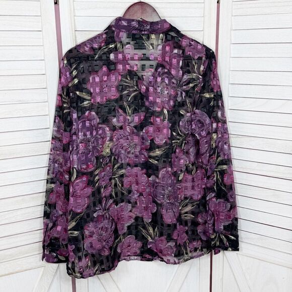 Vintage Notations Sheer Floral Check Shimmer Blouse Black Purple Large - Picture 8 of 11
